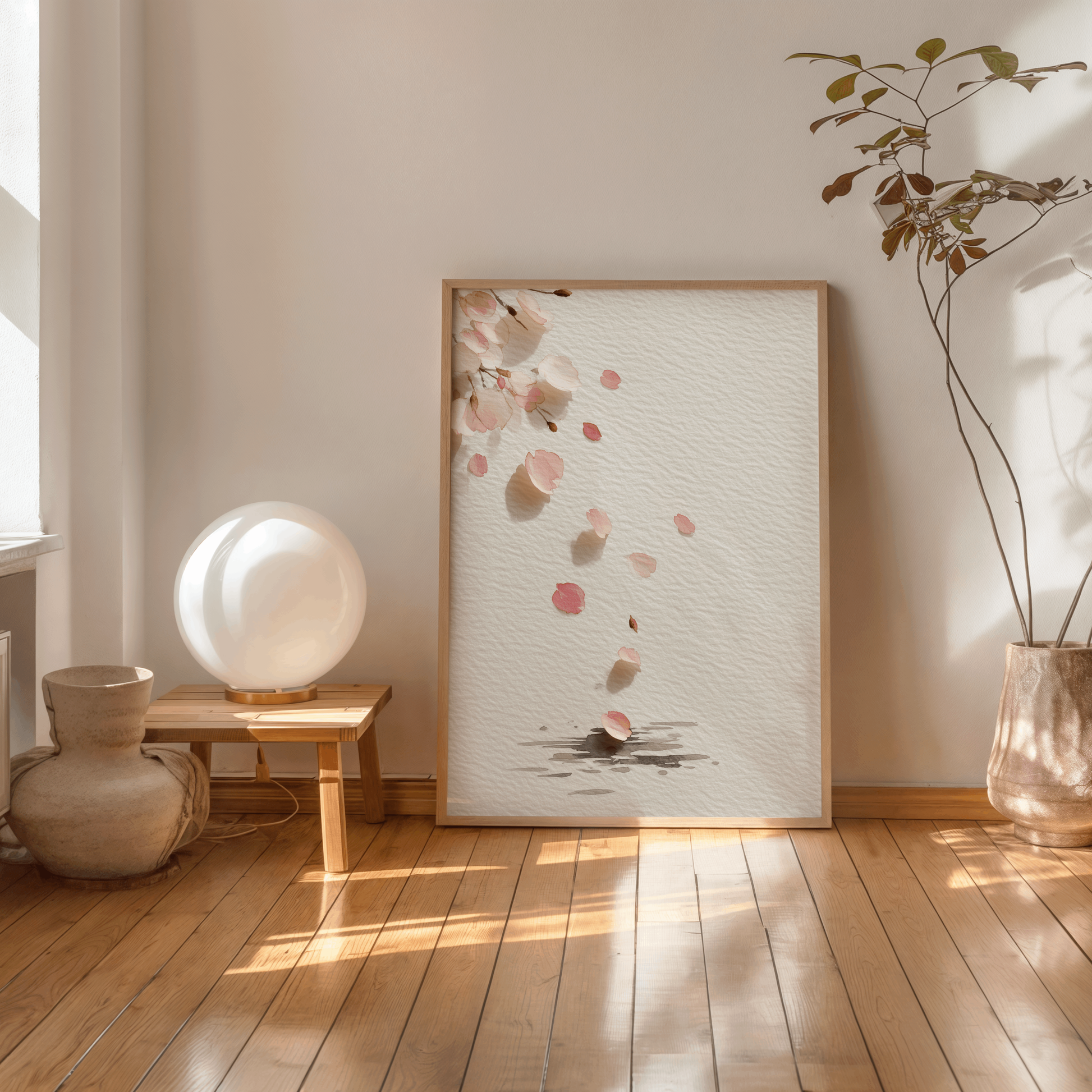 Cherry blossom wall art in a light wood frame leaning against a wall in a sunlit minimalist room with a wood bench and globe lamp.