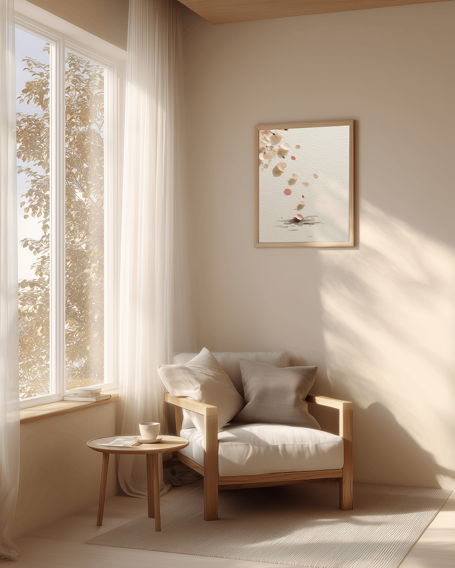 Falling Sakura cherry blossom print in a soft reading nook with light oak armchair, sheer curtain, and morning tea, Yugen Print