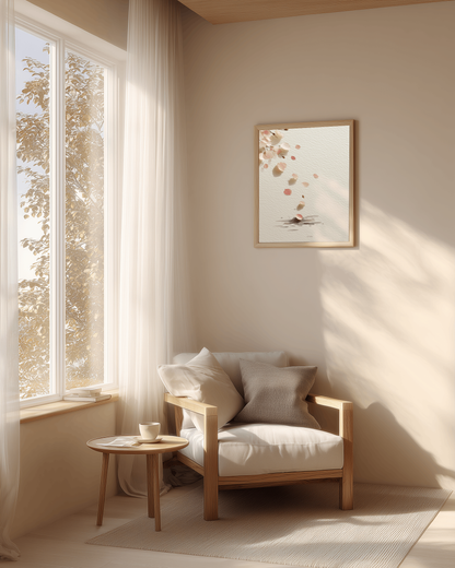 Falling Sakura cherry blossom print in a soft reading nook with light oak armchair, sheer curtain, and morning tea, Yugen Print