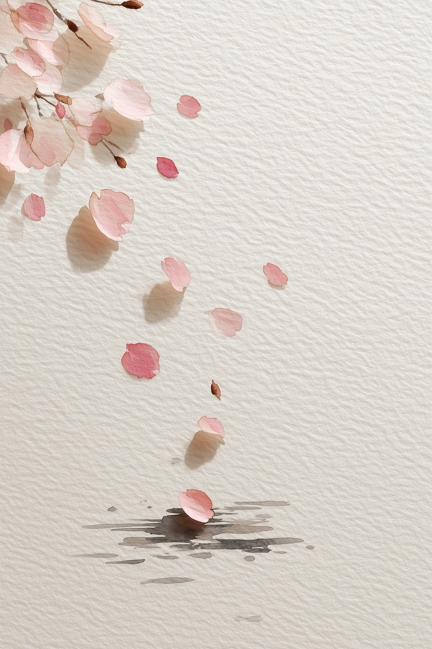 Falling Sakura cherry blossom watercolor wall art print in soft pink and indigo on cream paper, Yugen Print