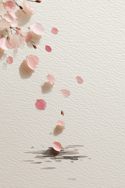 Falling Sakura cherry blossom watercolor wall art print in soft pink and indigo on cream paper, Yugen Print