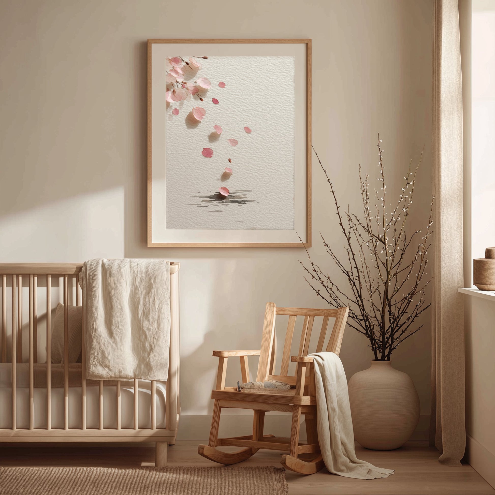 Falling Sakura cherry blossom print in a minimalist nursery with crib, rocking chair, and ceramic vase, Yugen Print
