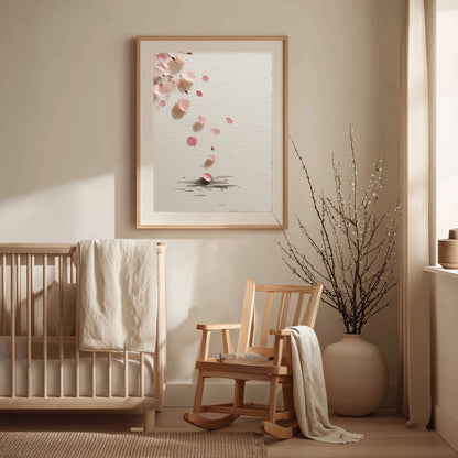 Falling Sakura cherry blossom print in a minimalist nursery with crib, rocking chair, and ceramic vase, Yugen Print