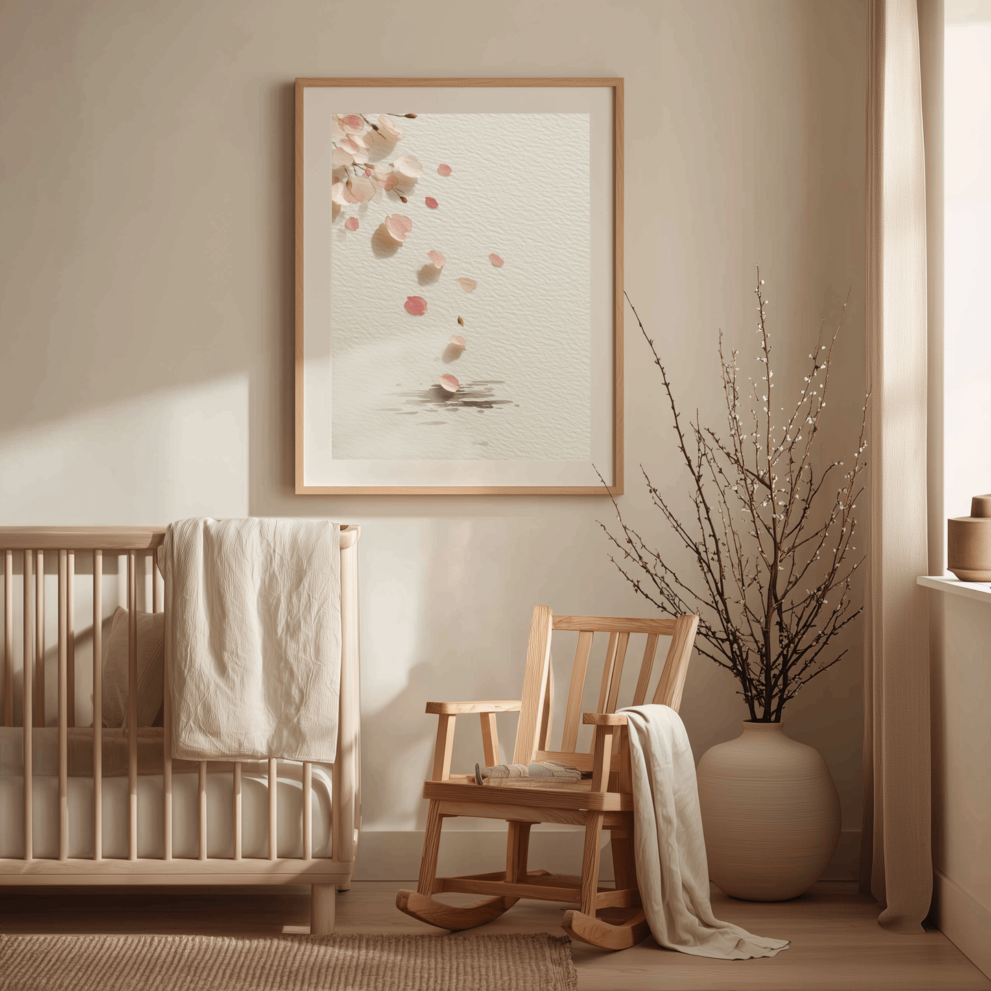 Falling Sakura cherry blossom print in a nursey room. Yugen Print