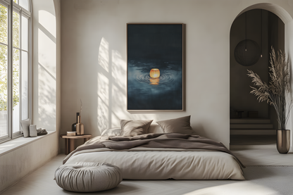 Sumi-e style indigo ink print of a single paper lantern glowing on still dark water, oak frame above a linen bed in a bright airy Japandi bedroom, Yugen Print