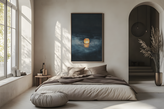 Sumi-e style indigo ink print of a single paper lantern glowing on still dark water, oak frame above a linen bed in a bright airy Japandi bedroom, Yugen Print