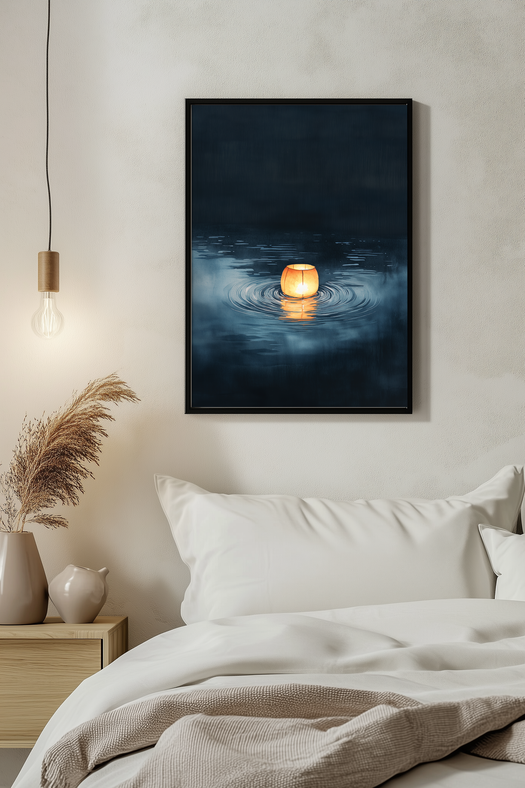 Sumi-e style indigo ink print of a single glowing paper lantern on dark water, black frame above white bedding beside a warm pendant light in a serene evening bedroom, Yugen Print