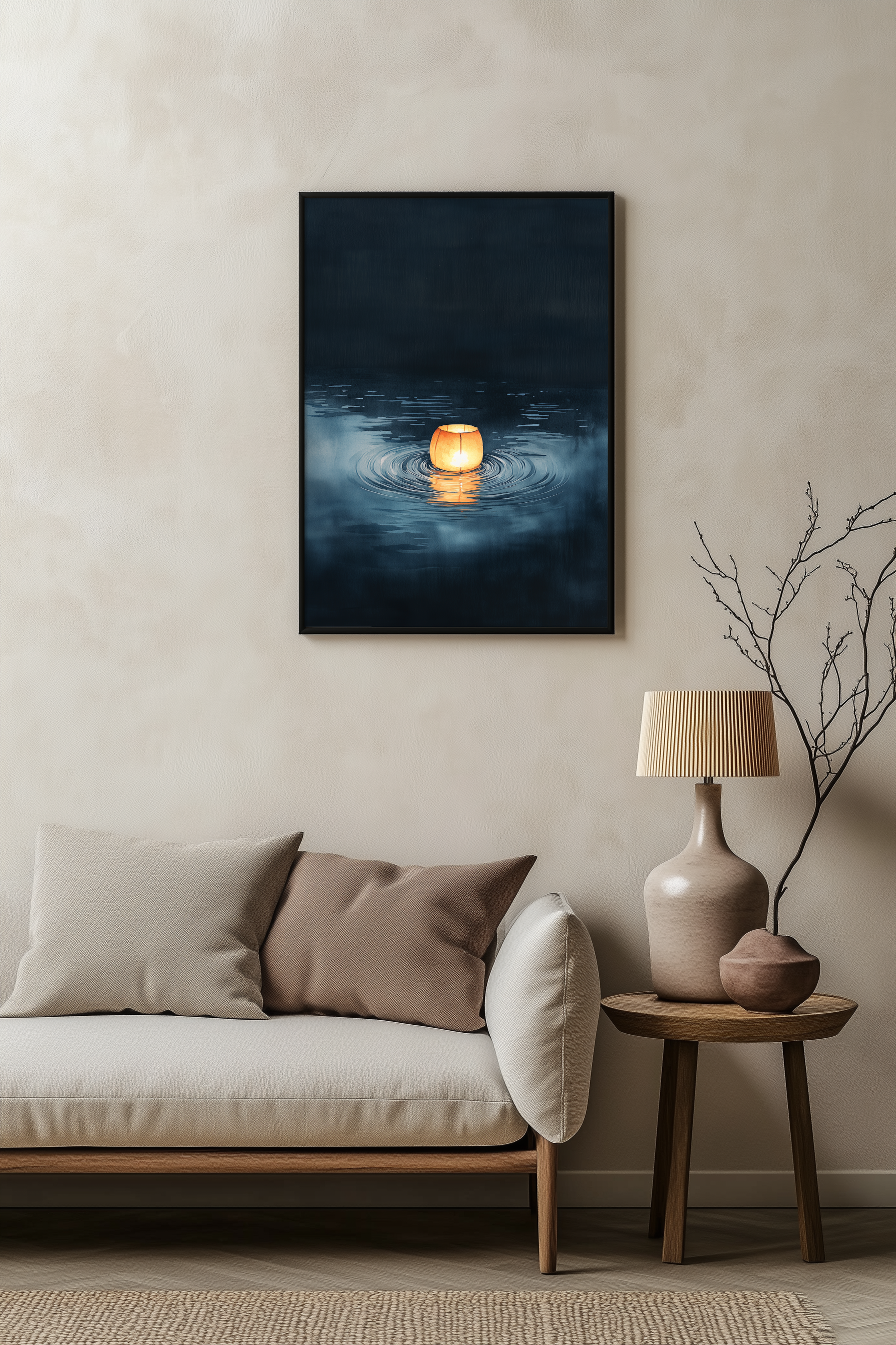 Sumi-e style indigo ink print of a single glowing paper lantern on dark water, black frame above a pale linen sofa with a wooden side table and ceramic lamp, Yugen Print