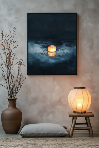 Sumi-e style indigo ink print of a single paper lantern glowing on still water, black frame above a floor cushion beside a glowing paper lantern on a wooden stool, Yugen Print