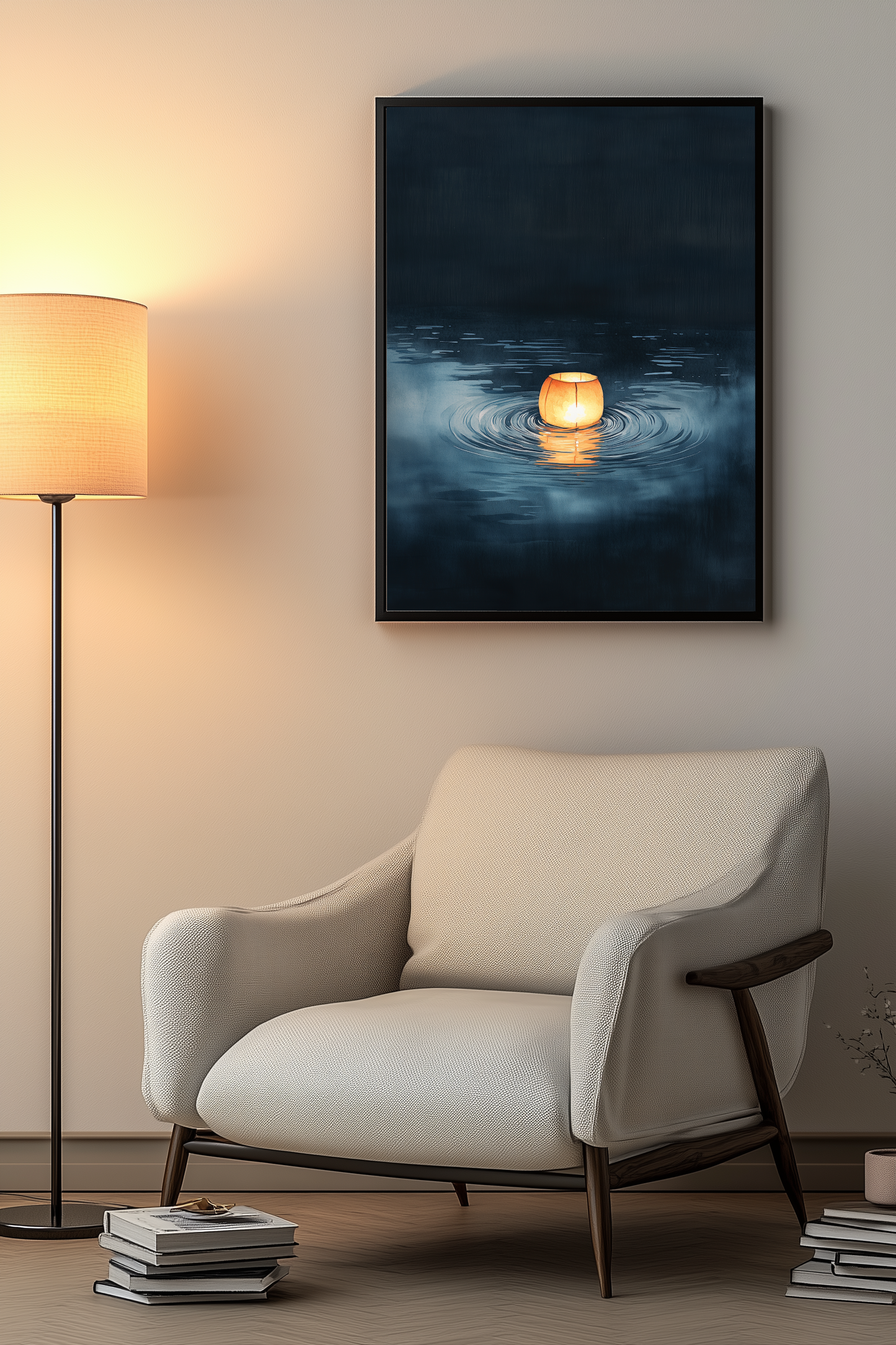 Sumi-e style indigo ink print of a single paper lantern glowing on still water, black frame above a cream armchair beside a warm floor lamp in a cosy reading nook, Yugen Print