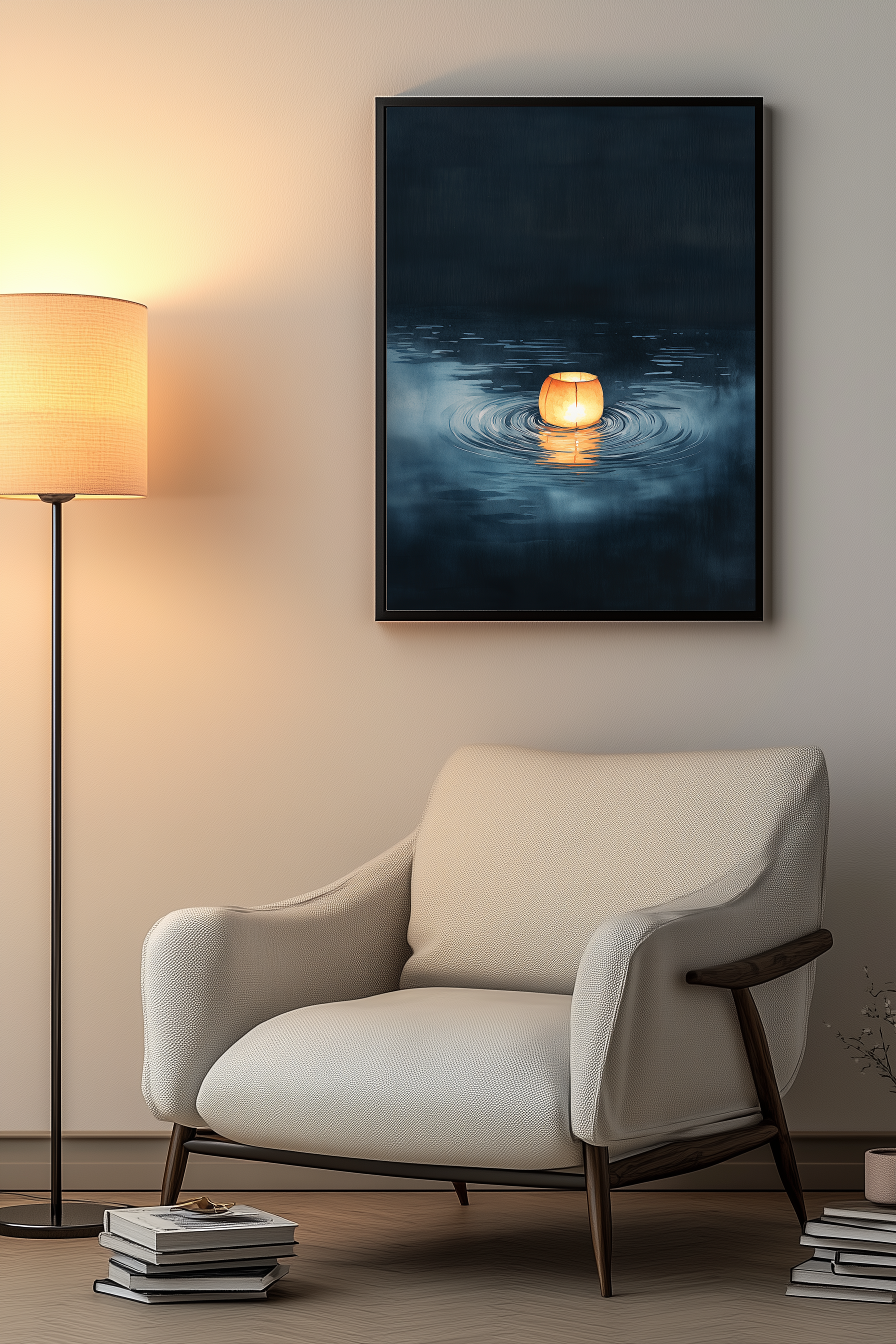 Sumi-e style indigo ink print of a single paper lantern glowing on still water, black frame above a cream armchair beside a warm floor lamp in a cosy reading nook, Yugen Print