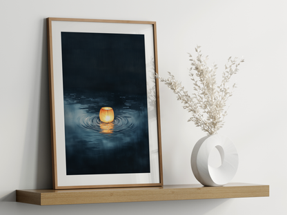 Sumi-e style indigo ink print of a single paper lantern glowing on still water, oak frame leaning on a floating wood shelf beside a white ceramic vase, Yugen Print