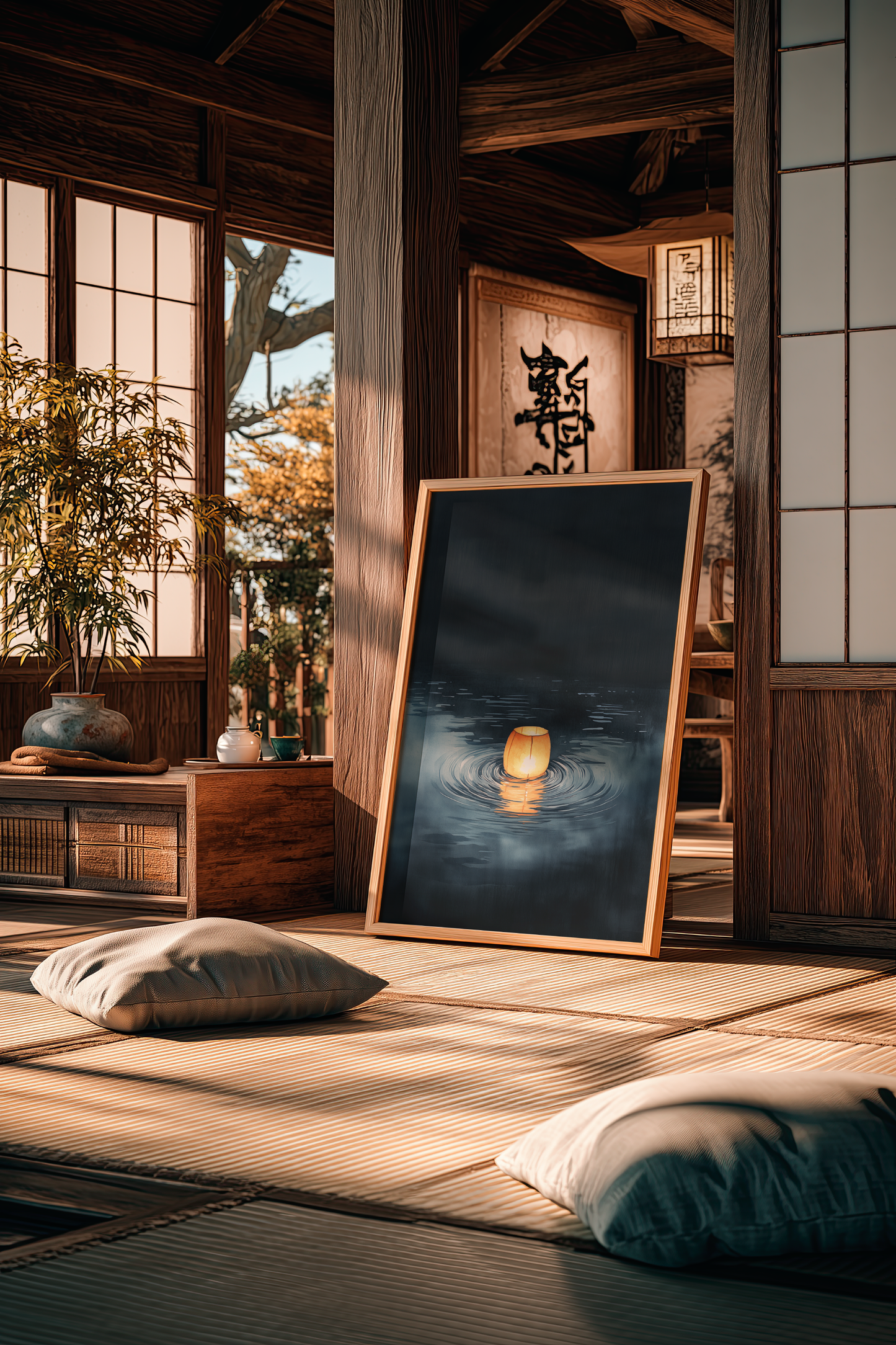 Sumi-e style indigo ink print of a single glowing paper lantern on dark water, oak frame on tatami flooring in a traditional Japanese room with shoji screens, Yugen Print