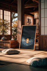 Sumi-e style indigo ink print of a single glowing paper lantern on dark water, oak frame on tatami flooring in a traditional Japanese room with shoji screens, Yugen Print
