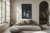 Sumi-e style indigo ink print of paper lanterns floating on dark water at night, oak frame above a linen bed in a bright airy Japandi bedroom, Yugen Print