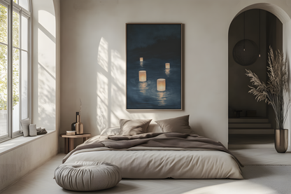 Sumi-e style indigo ink print of paper lanterns floating on dark water at night, oak frame above a linen bed in a bright airy Japandi bedroom, Yugen Print