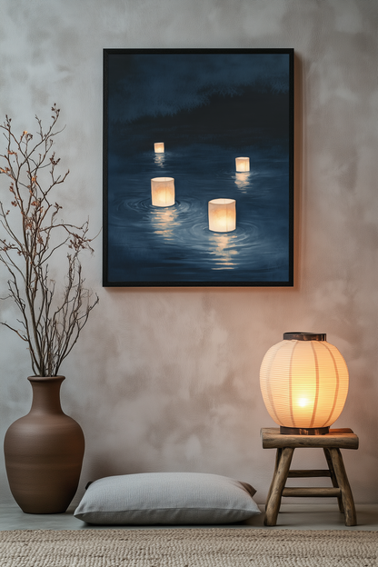Sumi-e style indigo ink print of paper lanterns floating on dark water, black frame above a floor cushion beside a glowing paper lantern on a wooden stool, Yugen Print