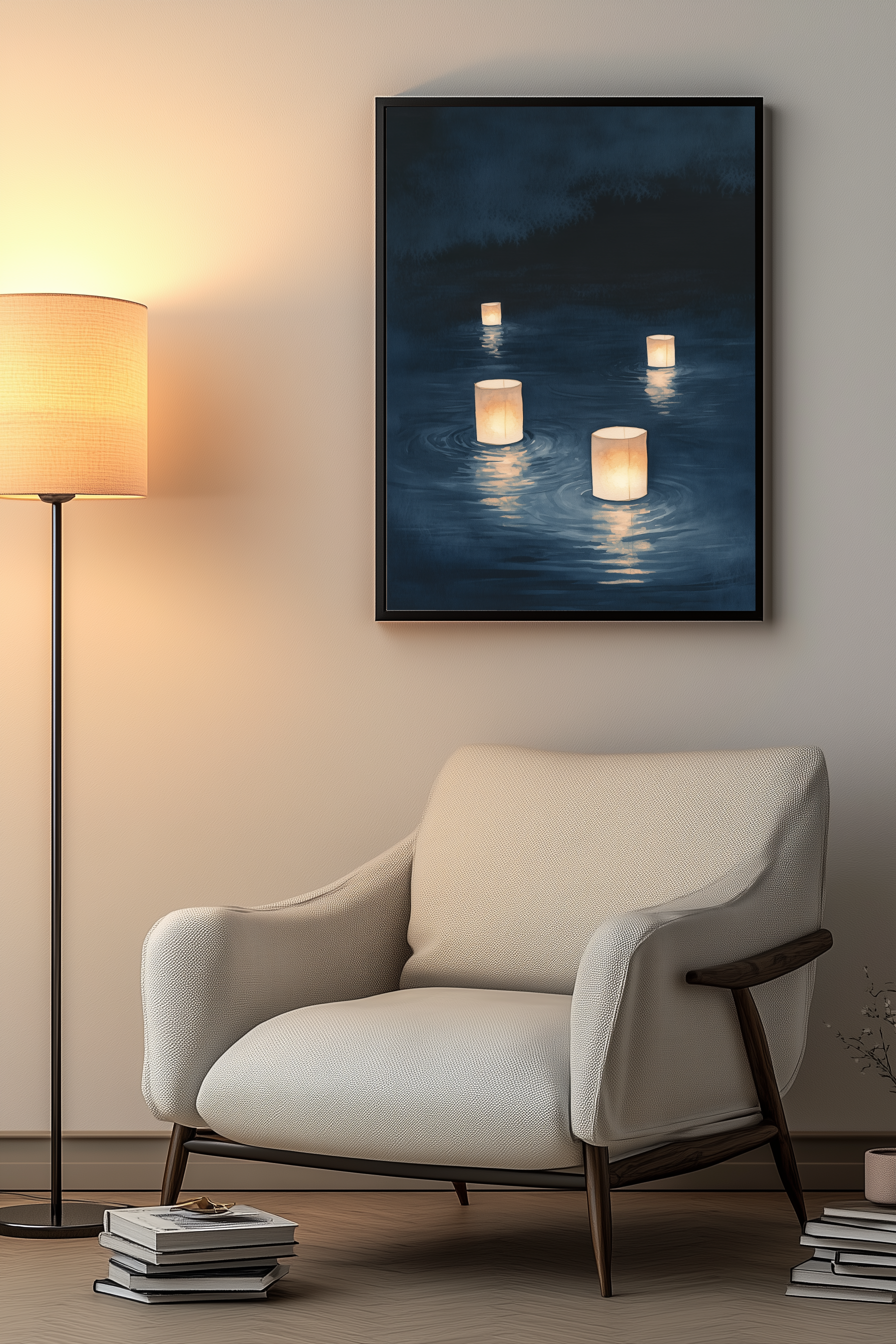 Sumi-e style indigo ink print of paper lanterns floating on dark water, black frame above a cream armchair beside a warm floor lamp in a cosy reading nook, Yugen Print