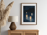 Sumi-e style indigo ink print of floating paper lanterns at night, oak frame above a rattan sideboard with a woven lamp and dried pampas grass, Yugen Print