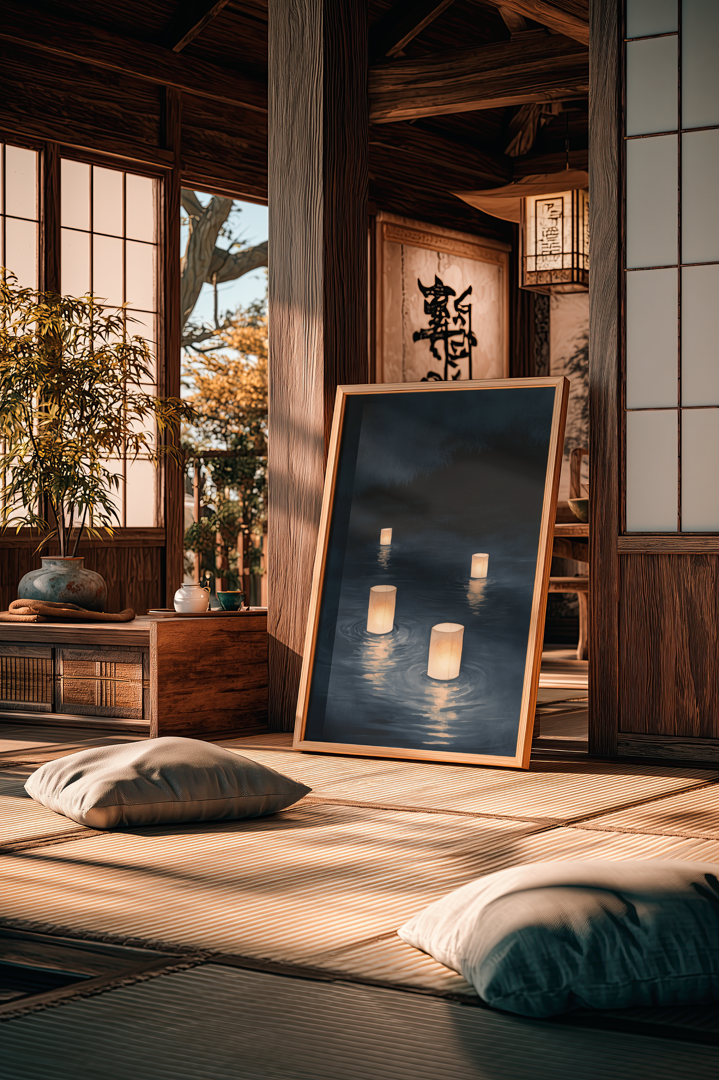 Sumi-e style indigo ink print of floating paper lanterns on dark water, oak frame on tatami flooring in a traditional Japanese room with shoji screens, Yugen Print