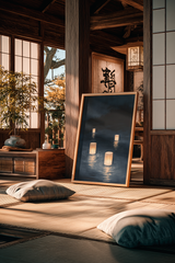 Sumi-e style indigo ink print of floating paper lanterns on dark water, oak frame on tatami flooring in a traditional Japanese room with shoji screens, Yugen Print