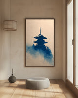 Floating Pagoda print in a dark frame in a minimalist meditation room with a floor cushion and paper lantern, Yugen Print