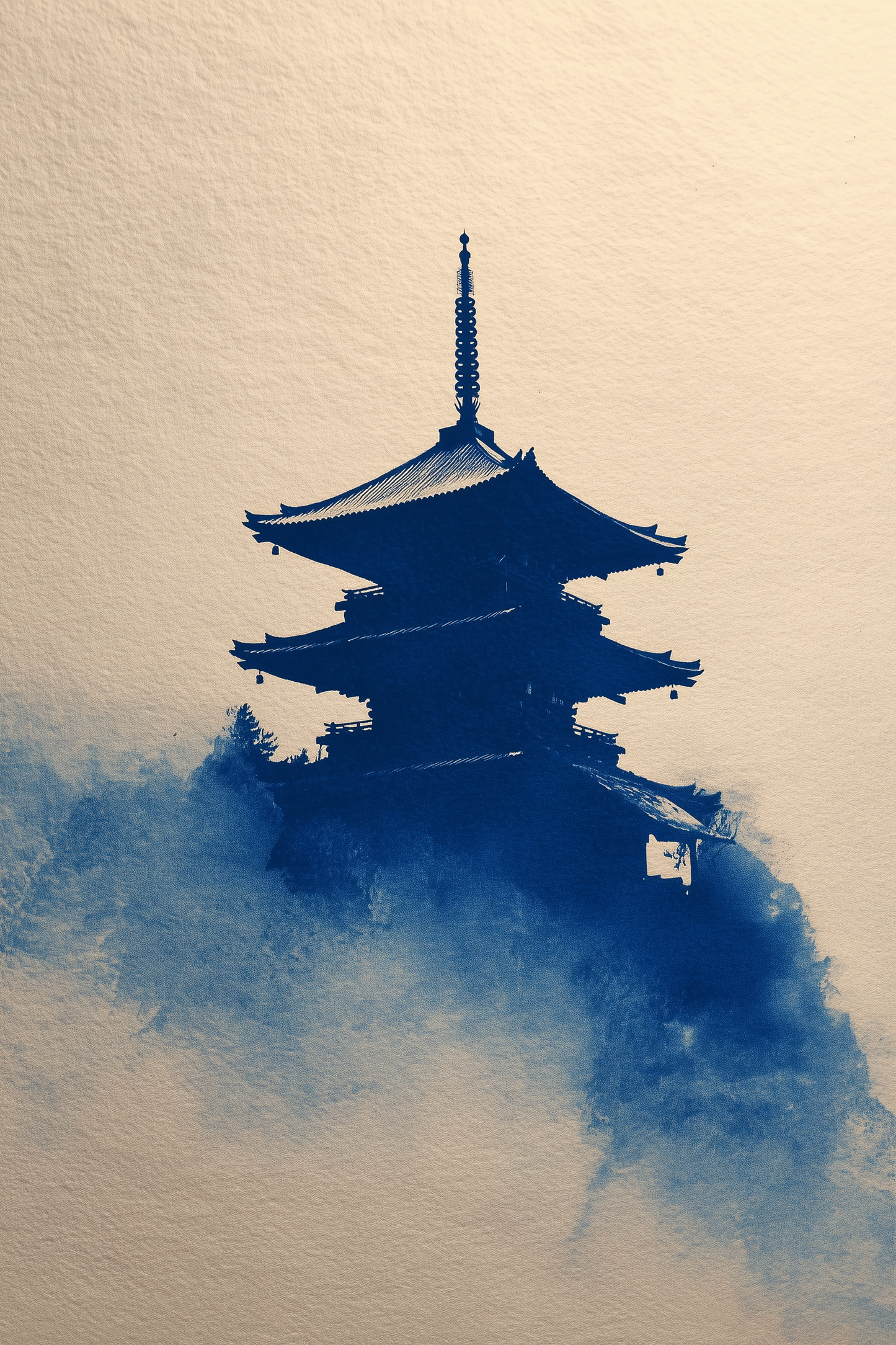 Floating Pagoda sumi-e silhouette wall art print in indigo on cream paper, Japanese temple in mist, Yugen Print
