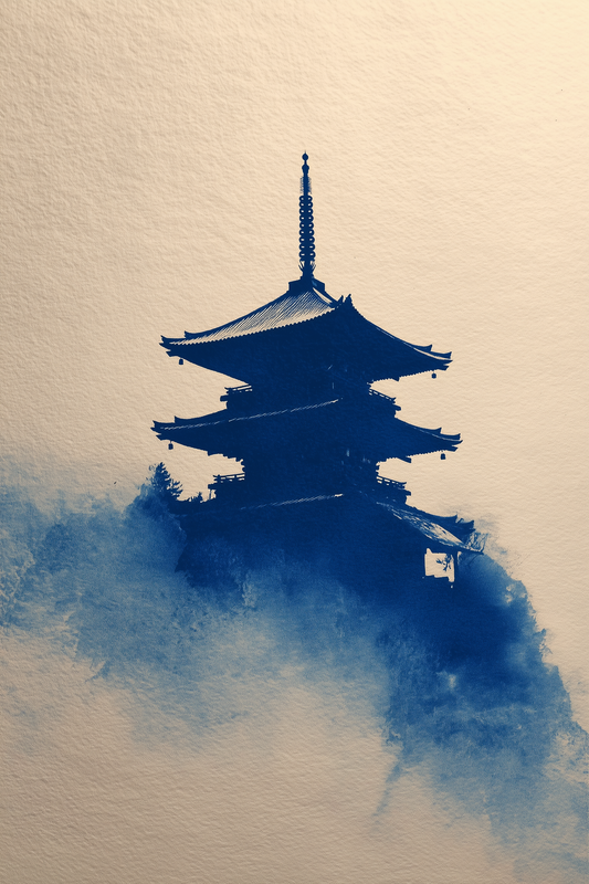 Floating Pagoda sumi-e silhouette wall art print in indigo on cream paper, Japanese temple in mist, Yugen Print
