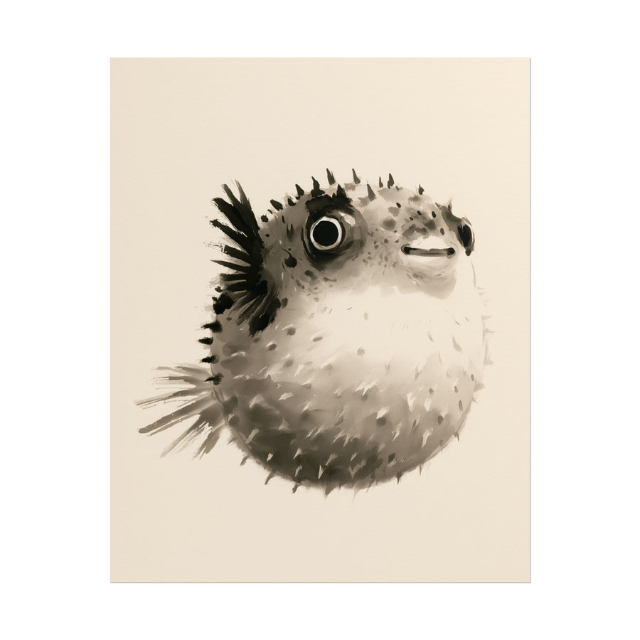 Fugu Bloom sumi-e ink pufferfish wall art print in grey and black on cream paper, a plump pufferfish with soft spines fanned out like a bloom