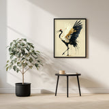 Golden Crane Rising print shown framed in a living room (4:5 version), a red-crowned crane steps forward with wings spread, black feathers splashing ink and gold seams through its white wing
