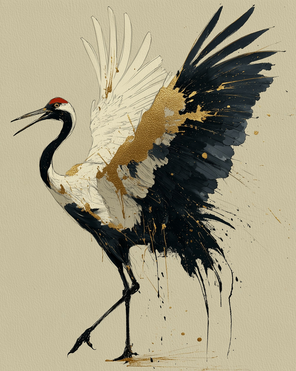 Golden Crane Rising, 4:5 version: a red-crowned crane steps forward with wings spread, black feathers splashing ink and gold seams through its white wing, sumi-e kintsugi wall art print by Yugen Print