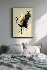 Golden Crane Rising print shown framed in a bedroom, a red-crowned crane steps forward with wings spread, black feathers splashing ink and gold seams through its white wing