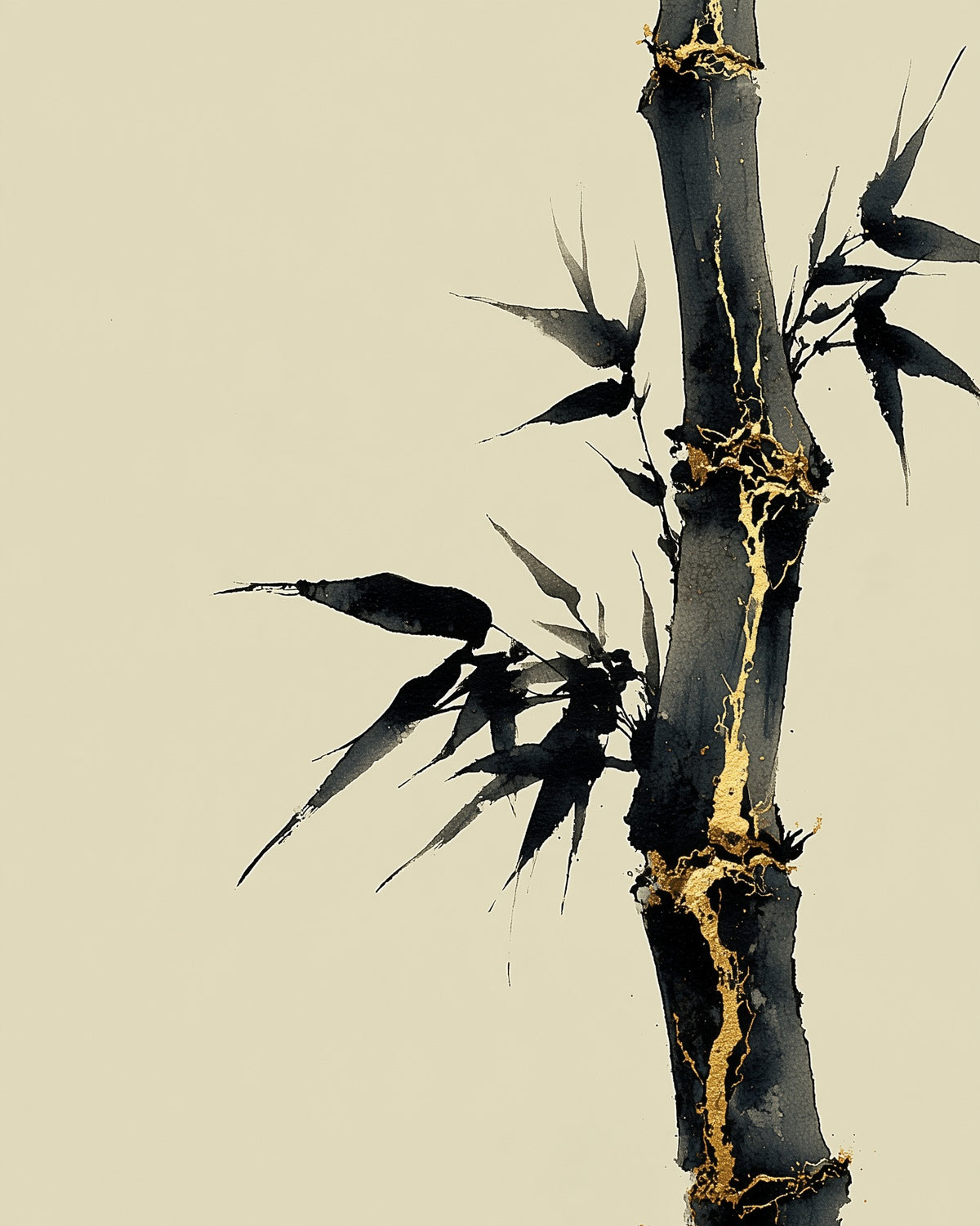 Golden Seam Bamboo, 4:5 version: a dark ink bamboo stalk with gold kintsugi seams along its joints on a parchment ground, sumi-e kintsugi wall art print by Yugen Print