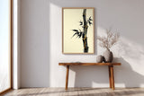 Golden Seam Bamboo print shown framed in an entryway, a dark ink bamboo stalk with gold kintsugi seams along its joints on a parchment ground