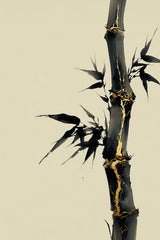 Golden Seam Bamboo: a dark ink bamboo stalk with gold kintsugi seams along its joints on a parchment ground, sumi-e kintsugi wall art print by Yugen Print