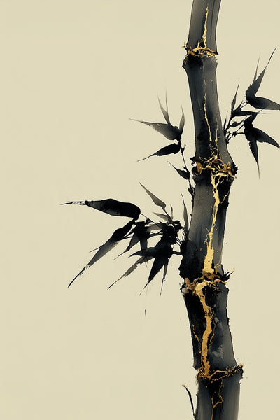 Golden Seam Bamboo: a dark ink bamboo stalk with gold kintsugi seams along its joints on a parchment ground, sumi-e kintsugi wall art print by Yugen Print