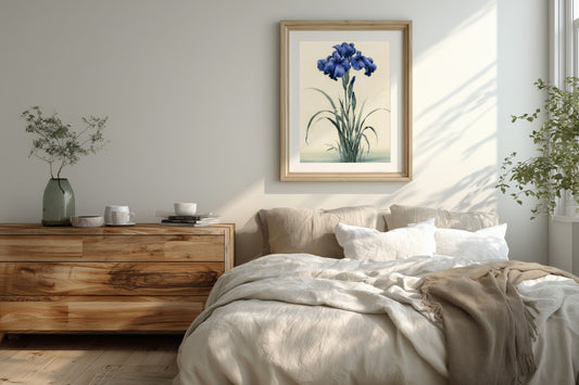Kakitsubata print in a bedroom above a bed with linen bedding and morning light, Yugen Print.