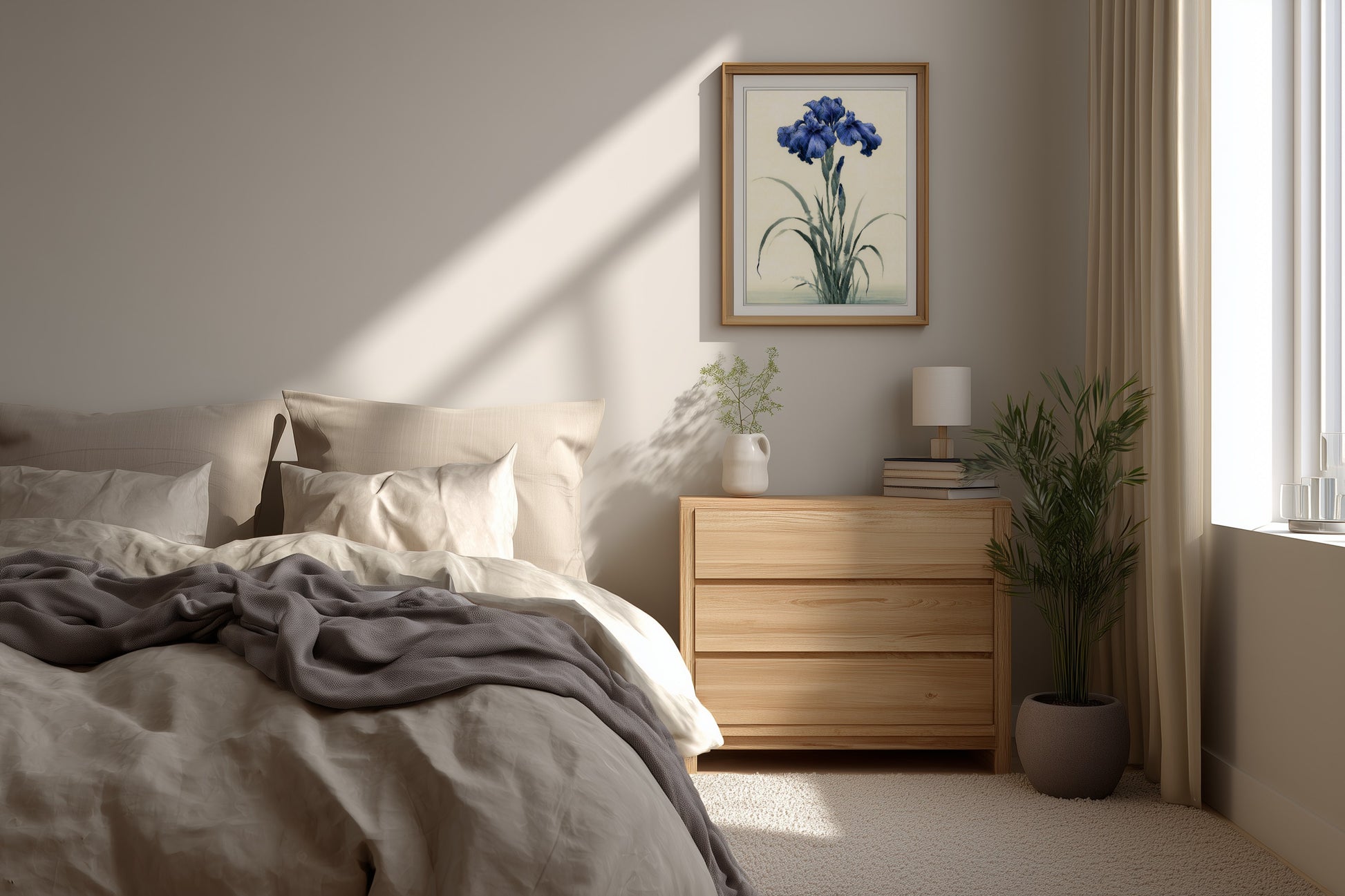 Kakitsubata print in a bedroom above a dresser with linen bedding and morning light, Yugen Print.