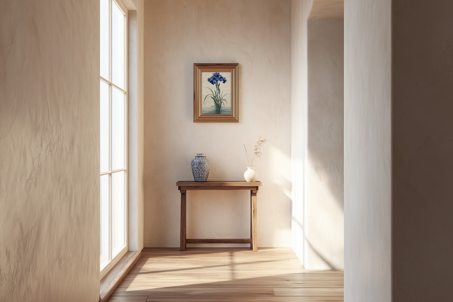 Kakitsubata print in a hallway with pale walls, a narrow console table, and natural daylight, Yugen Print.