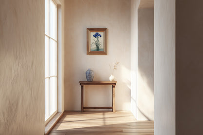 Kakitsubata print in a hallway with pale walls, a narrow console table, and natural daylight, Yugen Print.