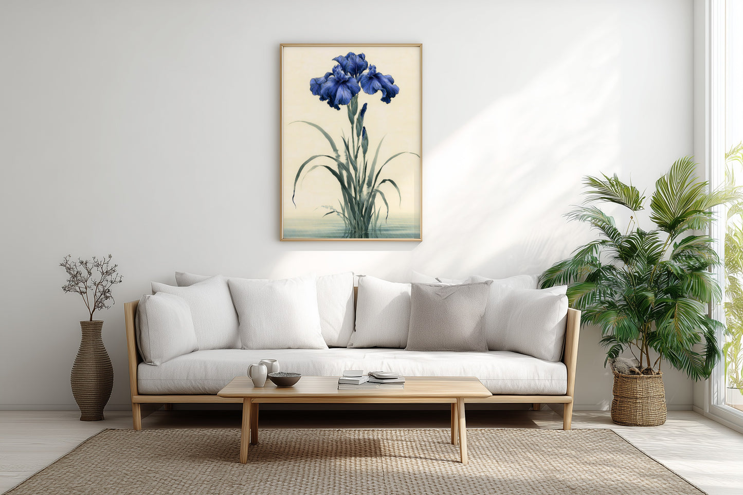 Kakitsubata print in a living room with a linen sofa, low table, and natural light, Yugen Print.