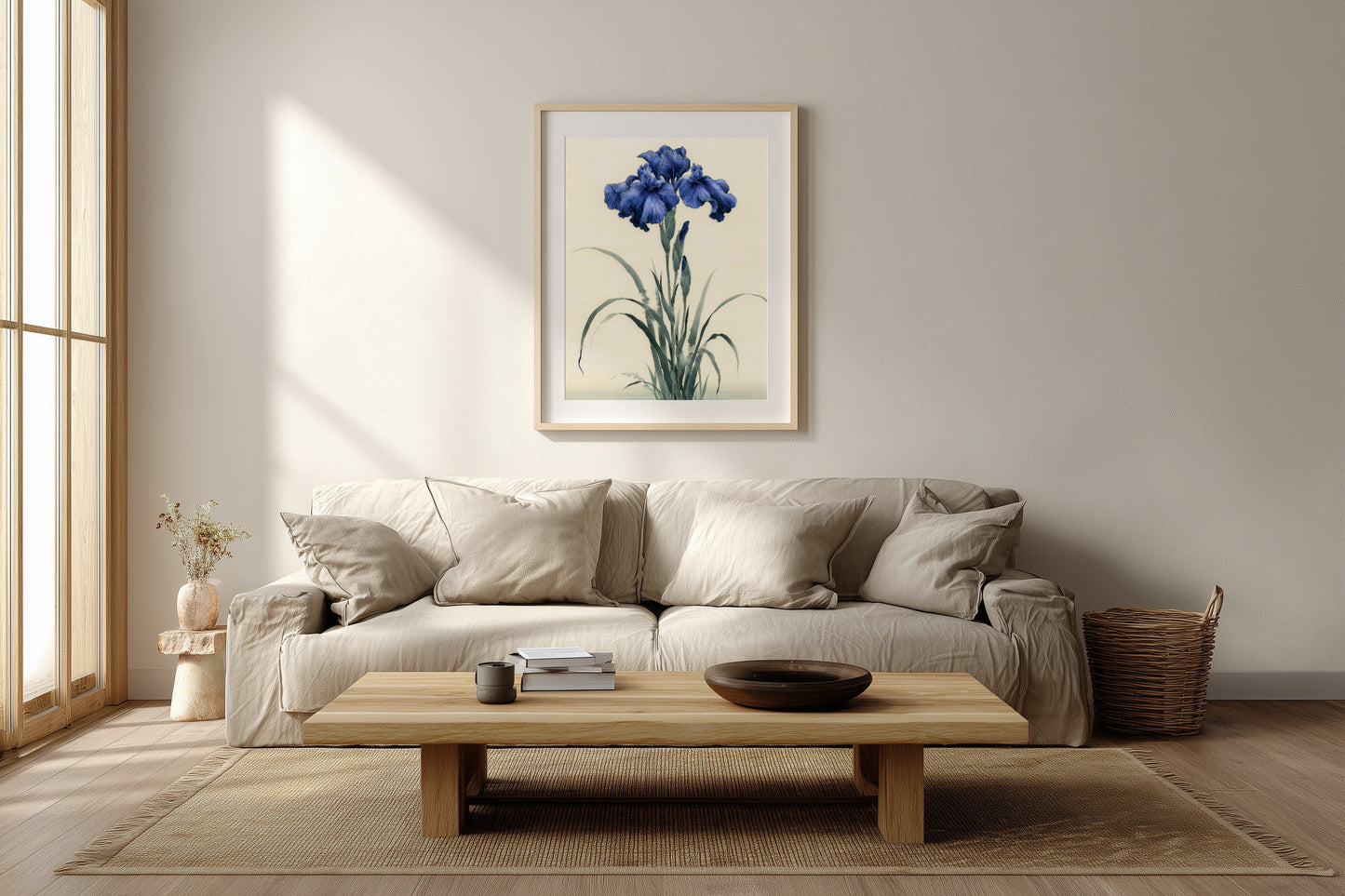 Kakitsubata print in a living room with a linen sofa, low table, and natural light, Yugen Print.