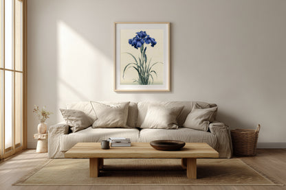 Kakitsubata print in a living room with a linen sofa, low table, and natural light, Yugen Print.