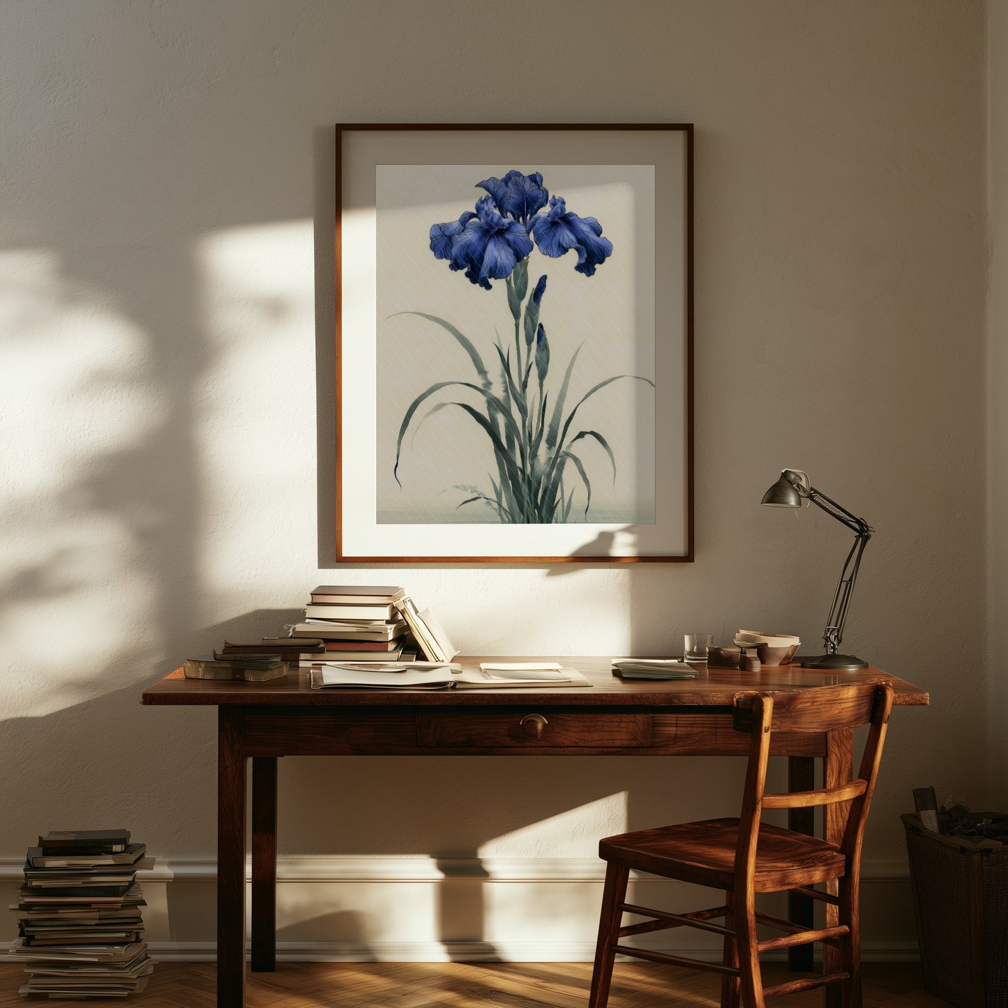 Kakitsubata print in a study with a wooden desk, books, and quiet afternoon light, Yugen Print.