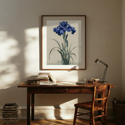Kakitsubata print in a study with a wooden desk, books, and quiet afternoon light, Yugen Print.