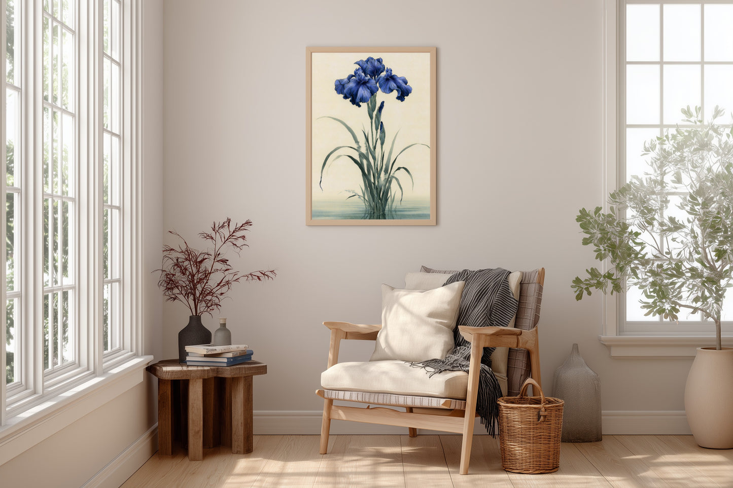 Kakitsubata print in a reading nook with a linen armchair, woven throw, and soft window light, Yugen Print.