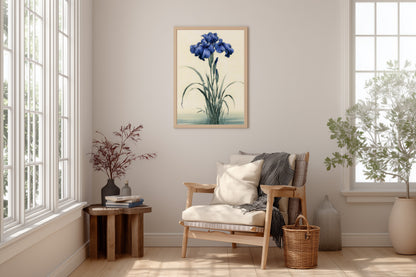 Kakitsubata print in a reading nook with a linen armchair, woven throw, and soft window light, Yugen Print.