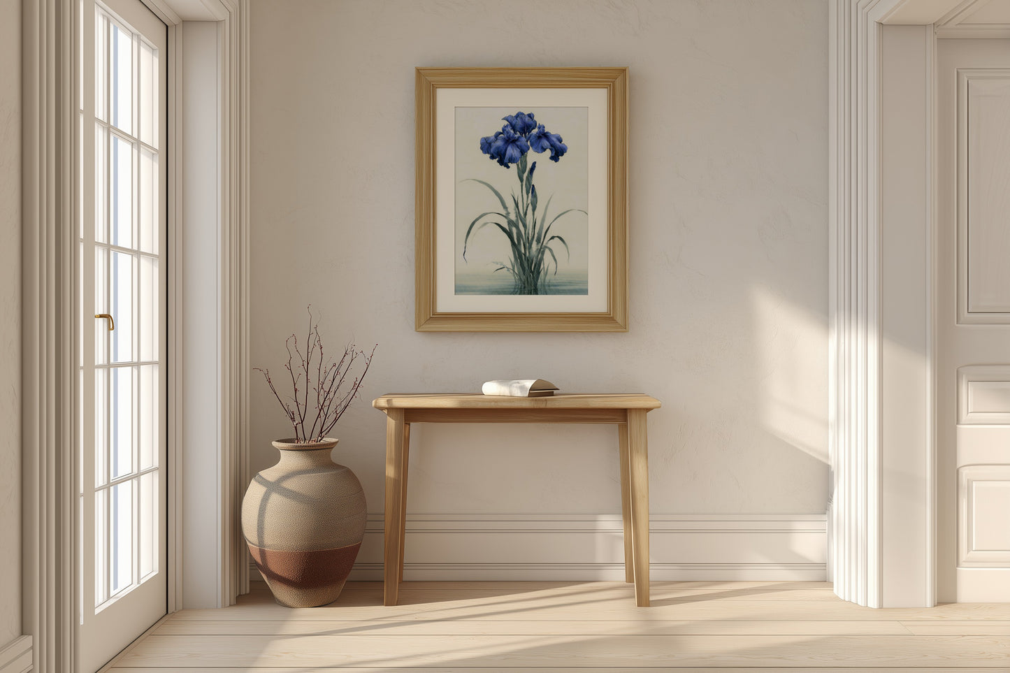 Kakitsubata print in a hallway with pale walls, a narrow console table, and natural daylight, Yugen Print.