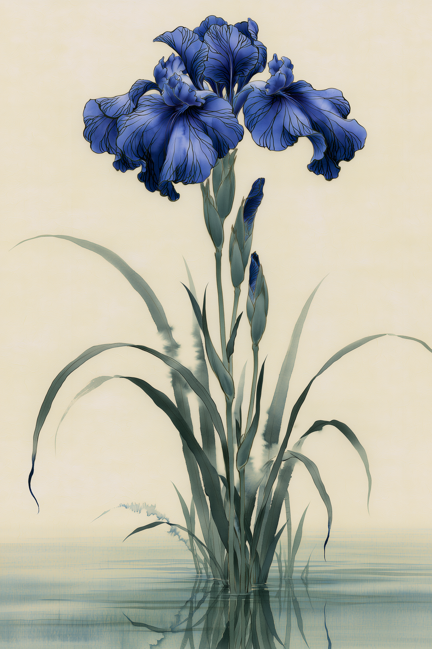 Kakitsubata: Iris by the Water wall art print in indigo blue and sage green, Yugen Print.