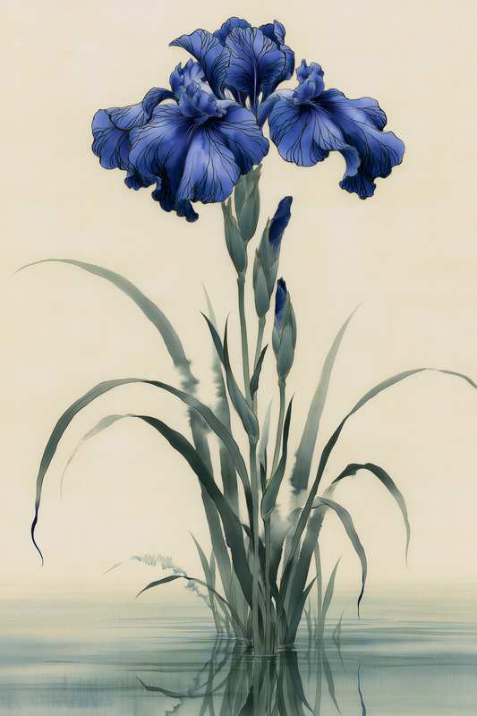 Kakitsubata: Iris by the Water wall art print in indigo blue and sage green, Yugen Print.
